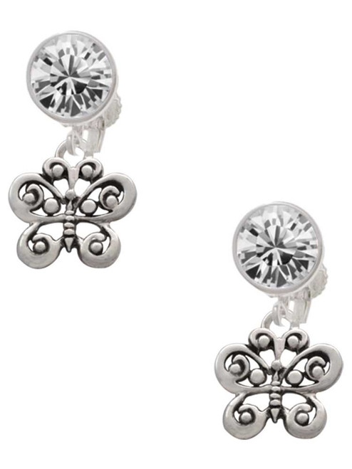 Silver Plated Small Antiqued Butterfly - Crystal Clip on Earrings: Color Choice - Red, Green, Blue, Purple, Pink, Clear, Black