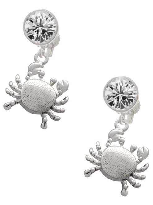 Silver Plated Antiqued Crab - Crystal Clip on Earrings: Color Choice - Red, Green, Blue, Purple, Pink, Clear, Black