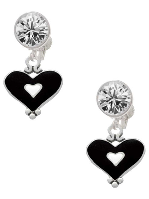 Silver Plated Black and White Enamel Heart - Crystal Clip on Earrings: Color Choice - Red, Green, Blue, Purple, Pink, Clear, Black