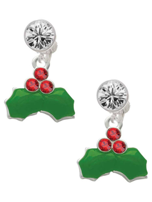 Silver Plated Christmas Holly & Red Crystal Berries - Crystal Clip on Earrings: Color Choice - Red, Green, Blue, Purple, Pink, Clear, Black