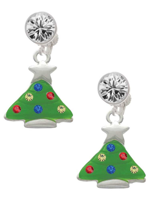 Silver Plated Green Resin Christmas Tree with Crystals - Crystal Clip on Earrings: Color Choice - Red, Green, Blue, Purple, Pink, Clear, Black