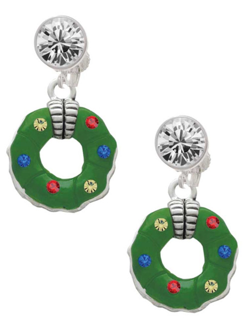 Silver Plated Green Resin Wreath with Crystals - Crystal Clip on Earrings: Color Choice - Red, Green, Blue, Purple, Pink, Clear, Black