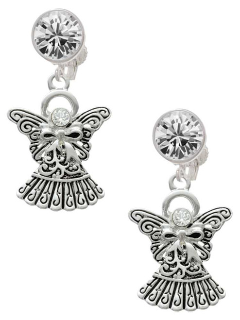 Silver Plated Antiqued Angel with Bow & Crystal - Crystal Clip on Earrings: Color Choice - Red, Green, Blue, Purple, Pink, Clear, Black