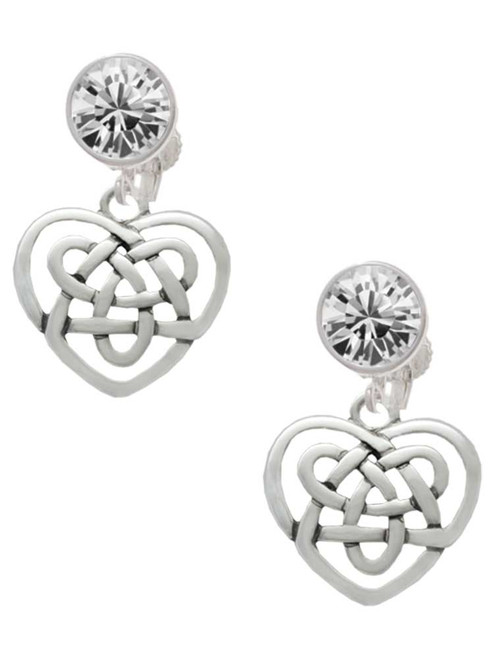 Silver Plated Celtic Knot Heart - Crystal Clip on Earrings: Color Choice - Red, Green, Blue, Purple, Pink, Clear, Black