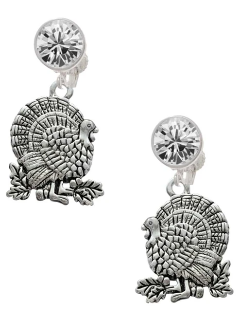 Silver Plated Antiqued Turkey - Crystal Clip on Earrings: Color Choice - Red, Green, Blue, Purple, Pink, Clear, Black