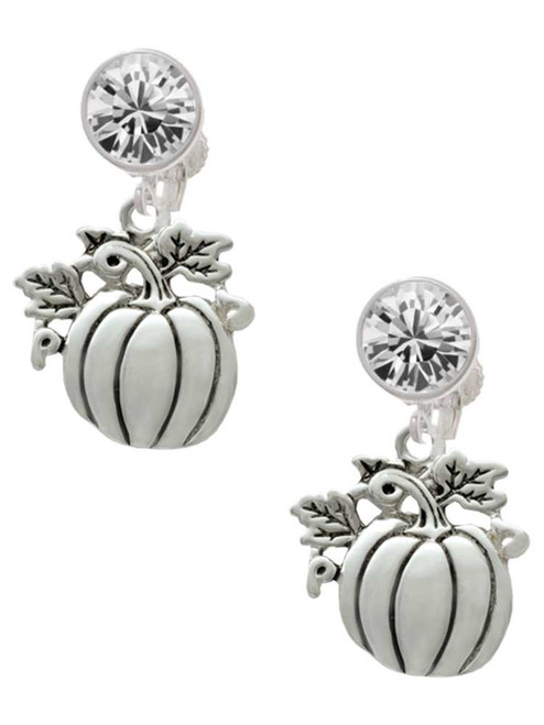 Silver Plated Large Antiqued Pumpkin - Crystal Clip on Earrings: Color Choice - Red, Green, Blue, Purple, Pink, Clear, Black