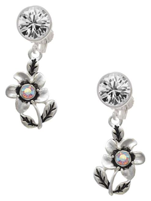 Silver Plated Flower with AB Crystal - Crystal Clip on Earrings: Color Choice - Red, Green, Blue, Purple, Pink, Clear, Black