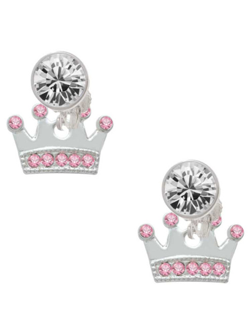 Silver Plated Crown with Light Pink Crystals - Crystal Clip on Earrings: Color Choice - Red, Green, Blue, Purple, Pink, Clear, Black