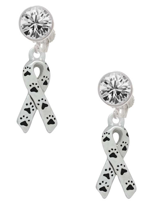 Silver Plated Small Antiqued Ribbon with Paws - Crystal Clip on Earrings: Color Choice - Red, Green, Blue, Purple, Pink, Clear, Black