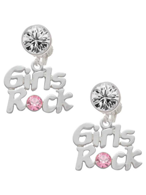 Silver Plated Girls Rock with Light Pink Crystal - Crystal Clip on Earrings: Color Choice - Red, Green, Blue, Purple, Pink, Clear, Black