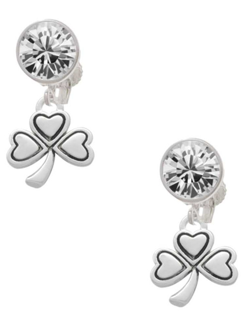 Silver Plated Antiqued Shamrock - Crystal Clip on Earrings: Color Choice - Red, Green, Blue, Purple, Pink, Clear, Black