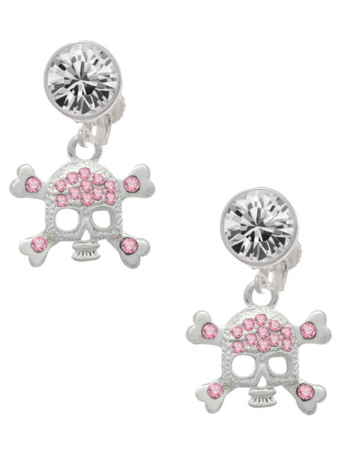Silver Plated Skull and Crossbones with Pink Crystals - Crystal Clip on Earrings: Color Choice - Red, Green, Blue, Purple, Pink, Clear, Black