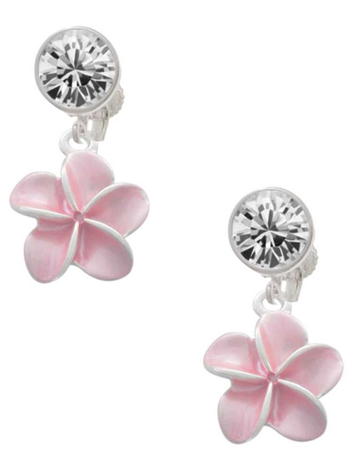 Silver Plated Pink Plumeria Flower - Crystal Clip on Earrings: Color Choice - Red, Green, Blue, Purple, Pink, Clear, Black