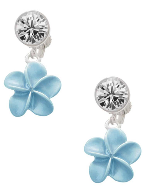 Silver Plated Blue Plumeria Flower - Crystal Clip on Earrings: Color Choice - Red, Green, Blue, Purple, Pink, Clear, Black