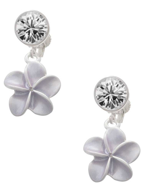 Silver Plated Purple Plumeria Flower - Crystal Clip on Earrings: Color Choice - Red, Green, Blue, Purple, Pink, Clear, Black