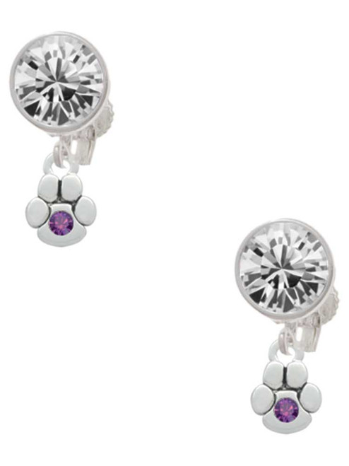Silver Plated Mini Paw with Purple Crystal - Crystal Clip on Earrings: Color Choice - Red, Green, Blue, Purple, Pink, Clear, Black