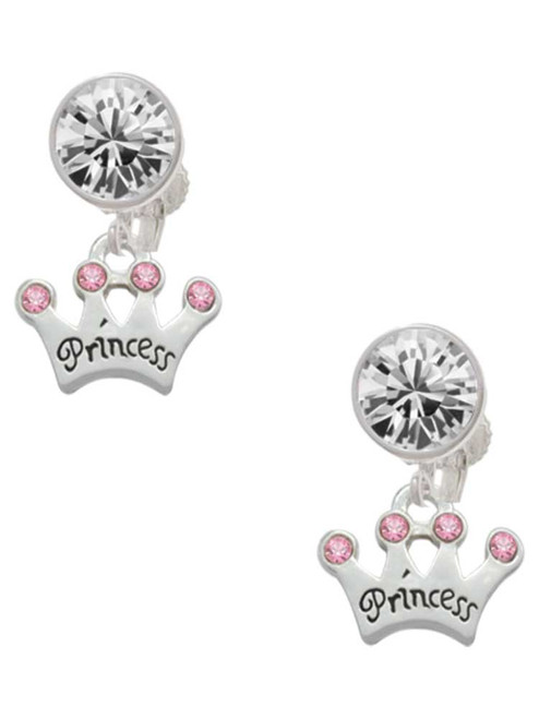 Silver Plated Small ''Princess'' Crown with Pink Crystals - Crystal Clip on Earrings: Color Choice - Red, Green, Blue, Purple, Pink, Clear, Black