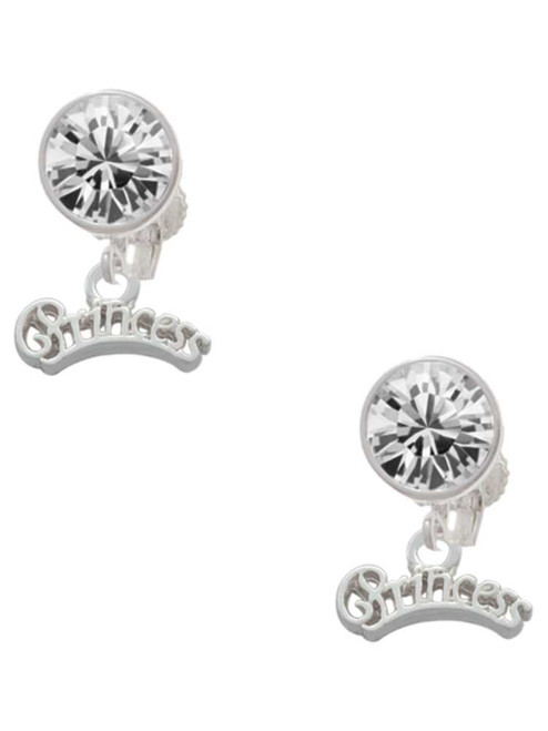 Silver Plated Script ''Princess'' - Crystal Clip on Earrings: Color Choice - Red, Green, Blue, Purple, Pink, Clear, Black