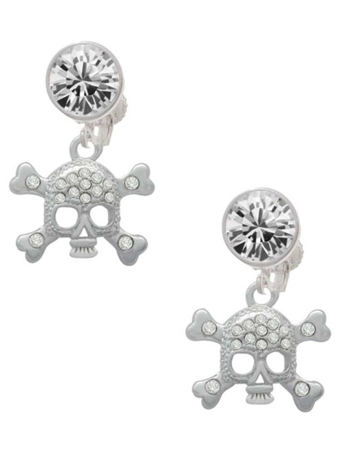 Silver Plated Skull with Clear Crystals - Crystal Clip on Earrings: Color Choice - Red, Green, Blue, Purple, Pink, Clear, Black