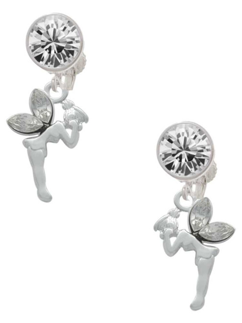 Silver Plated Small Fairy with Clear Wings - Crystal Clip on Earrings: Color Choice - Red, Green, Blue, Purple, Pink, Clear, Black