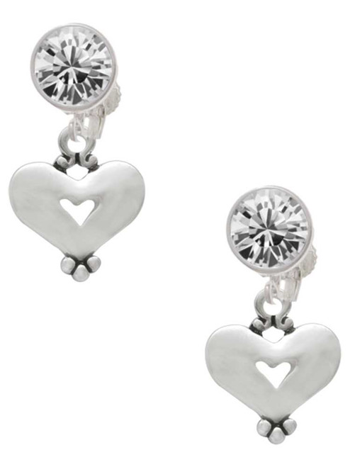 Silver Plated Large Heart with Cutout - Crystal Clip on Earrings: Color Choice - Red, Green, Blue, Purple, Pink, Clear, Black