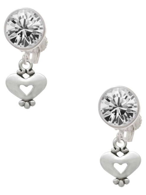 Silver Plated Mini Heart with Cutout - Crystal Clip on Earrings: Color Choice - Red, Green, Blue, Purple, Pink, Clear, Black