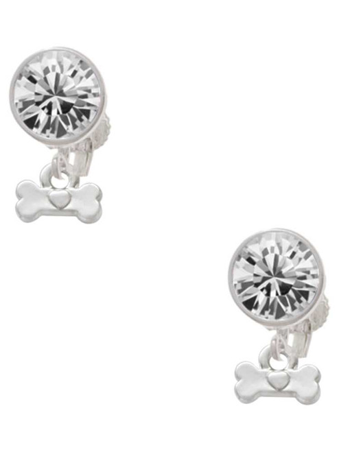Silver Plated Mini Dog Bone with Heart - Crystal Clip on Earrings: Color Choice - Red, Green, Blue, Purple, Pink, Clear, Black