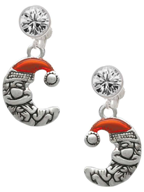 Silver Plated Small Crescent Moon Santa - Crystal Clip on Earrings: Color Choice - Red, Green, Blue, Purple, Pink, Clear, Black