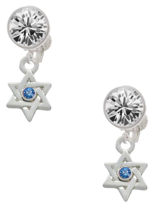 Silver Plated Mini Star of David with Blue Crystal - Crystal Clip on Earrings: Color Choice - Red, Green, Blue, Purple, Pink, Clear, Black