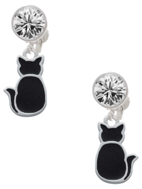 Silver Plated Large 2-D Black Cat Back - Crystal Clip on Earrings: Color Choice - Red, Green, Blue, Purple, Pink, Clear, Black