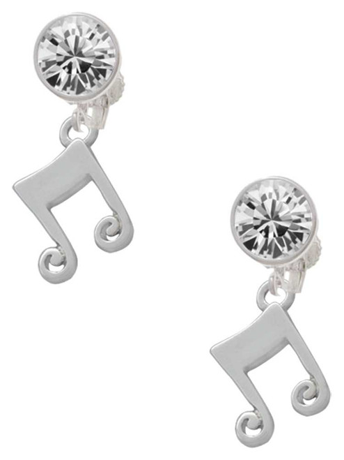 Silver Plated Double Music Note - Crystal Clip on Earrings: Color Choice - Red, Green, Blue, Purple, Pink, Clear, Black