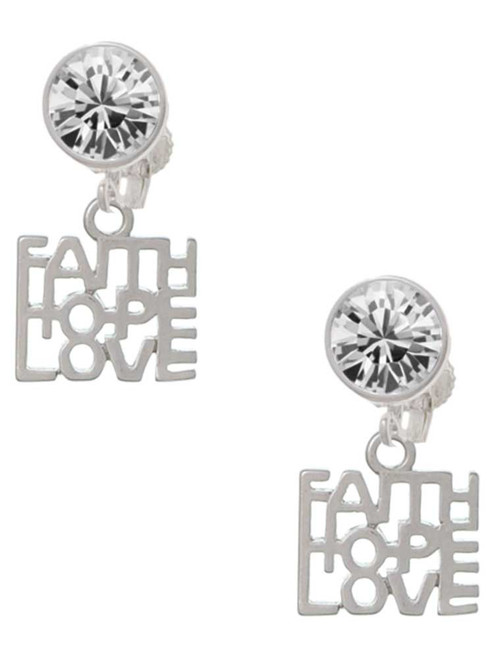 Silver Plated Faith Hope Love - Crystal Clip on Earrings: Color Choice - Red, Green, Blue, Purple, Pink, Clear, Black