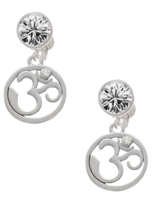 Silver Plated Om in Circle with Clear Crystal - Crystal Clip on Earrings: Color Choice - Red, Green, Blue, Purple, Pink, Clear, Black