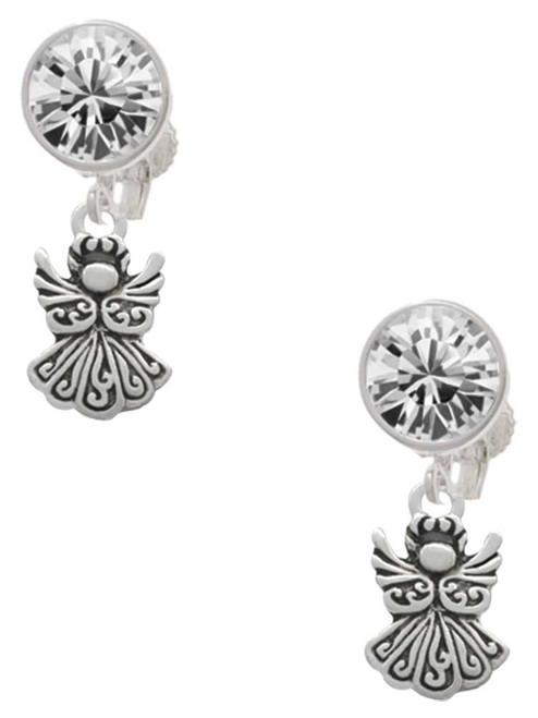 Silver Plated Small Angel - Crystal Clip on Earrings: Color Choice - Red, Green, Blue, Purple, Pink, Clear, Black
