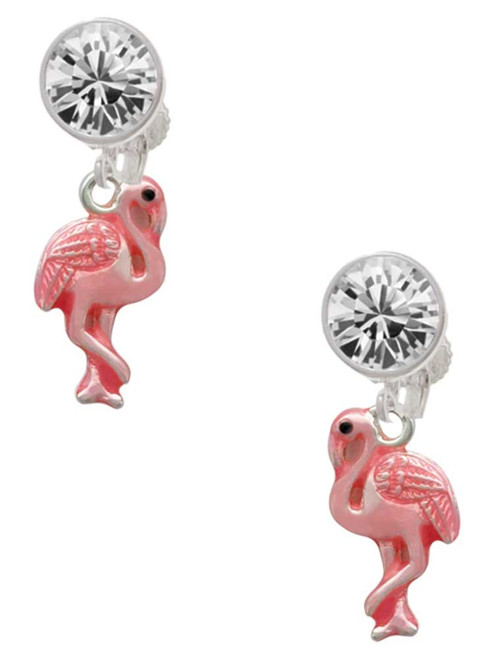 Silver Plated Hot Pink Flamingo - Crystal Clip on Earrings: Color Choice - Red, Green, Blue, Purple, Pink, Clear, Black