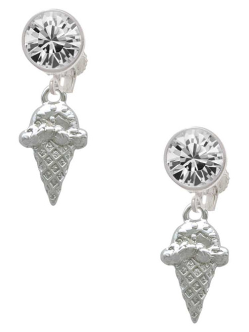 Silver Plated Ice Cream Cone - Crystal Clip on Earrings: Color Choice - Red, Green, Blue, Purple, Pink, Clear, Black