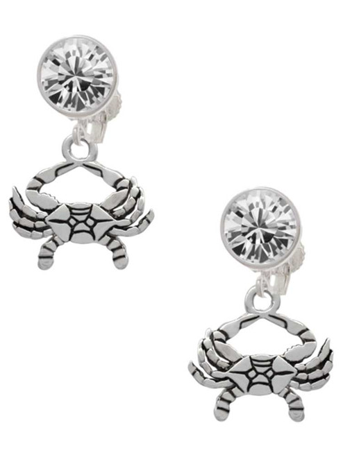 Silver Plated Crab - Crystal Clip on Earrings: Color Choice - Red, Green, Blue, Purple, Pink, Clear, Black