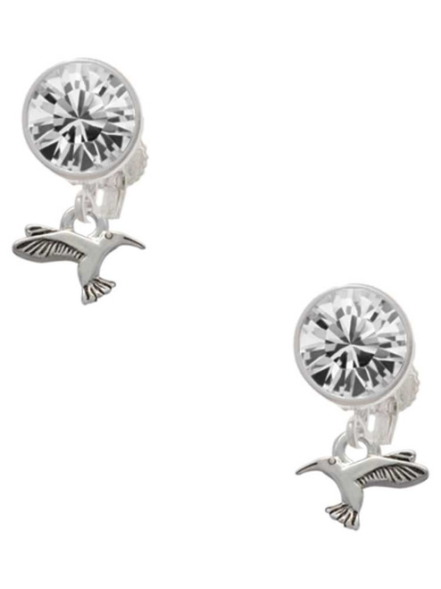 Silver Plated Mini Hummingbird - Crystal Clip on Earrings: Color Choice - Red, Green, Blue, Purple, Pink, Clear, Black