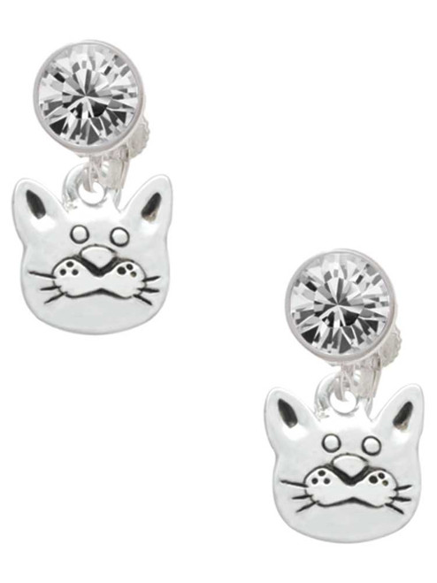 Silver Plated Large Cat Face - Crystal Clip on Earrings: Color Choice - Red, Green, Blue, Purple, Pink, Clear, Black