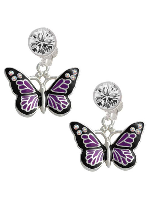 Silver Plated Large Purple Butterfly with 6 AB Crystals - Crystal Clip on Earrings: Color Choice - Red, Green, Blue, Purple, Pink, Clear, Black
