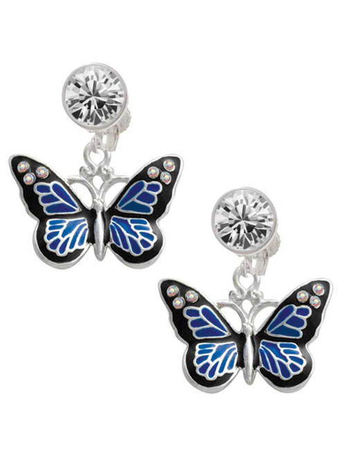 Silver Plated Large Blue Butterfly with 6 AB Crystals - Crystal Clip on Earrings: Color Choice - Red, Green, Blue, Purple, Pink, Clear, Black