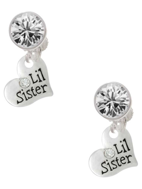 Silver Plated Small ''Lil Sister'' Heart with Clear Crystal - Crystal Clip on Earrings: Color Choice - Red, Green, Blue, Purple, Pink, Clear, Black