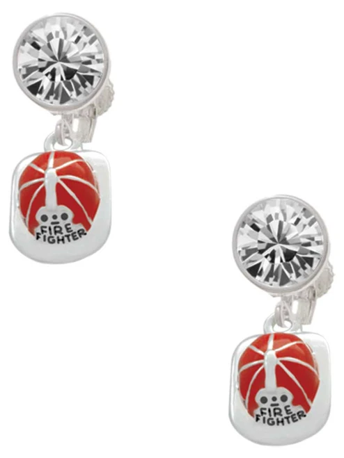 Silver Plated Red Enamel Firefighter Helmet - Crystal Clip on Earrings: Color Choice - Red, Green, Blue, Purple, Pink, Clear, Black