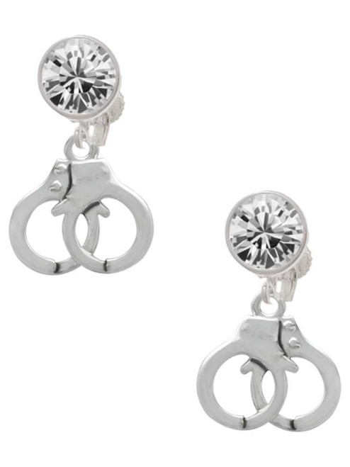 Silver Plated Handcuffs - Crystal Clip on Earrings: Color Choice - Red, Green, Blue, Purple, Pink, Clear, Black