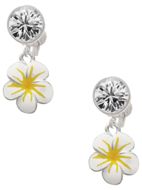 Silver Plated White and Yellow Flower - Crystal Clip on Earrings: Color Choice - Red, Green, Blue, Purple, Pink, Clear, Black