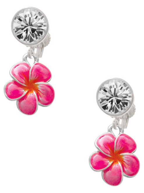 Silver Plated Hot Pink and Orange Flower - Crystal Clip on Earrings: Color Choice - Red, Green, Blue, Purple, Pink, Clear, Black