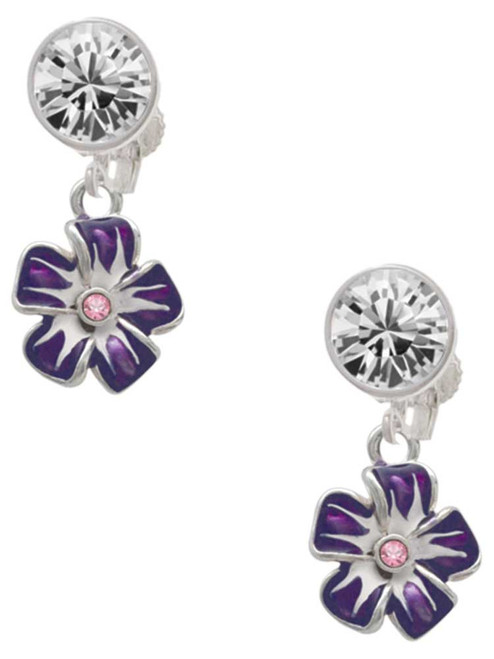 Silver Plated Purple and White African Violet Flower - Crystal Clip on Earrings: Color Choice - Red, Green, Blue, Purple, Pink, Clear, Black