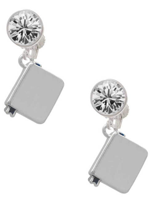 Silver Plated Book - Crystal Clip on Earrings: Color Choice - Red, Green, Blue, Purple, Pink, Clear, Black