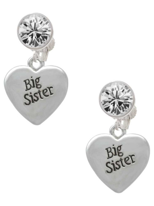 Silver Plated 3-D Big Sister Heart - Crystal Clip on Earrings: Color Choice - Red, Green, Blue, Purple, Pink, Clear, Black