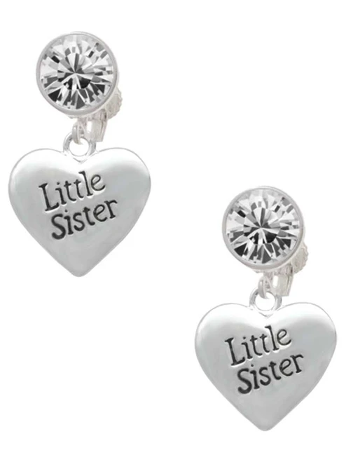 Silver Plated 3-D Little Sister Heart - Crystal Clip on Earrings: Color Choice - Red, Green, Blue, Purple, Pink, Clear, Black